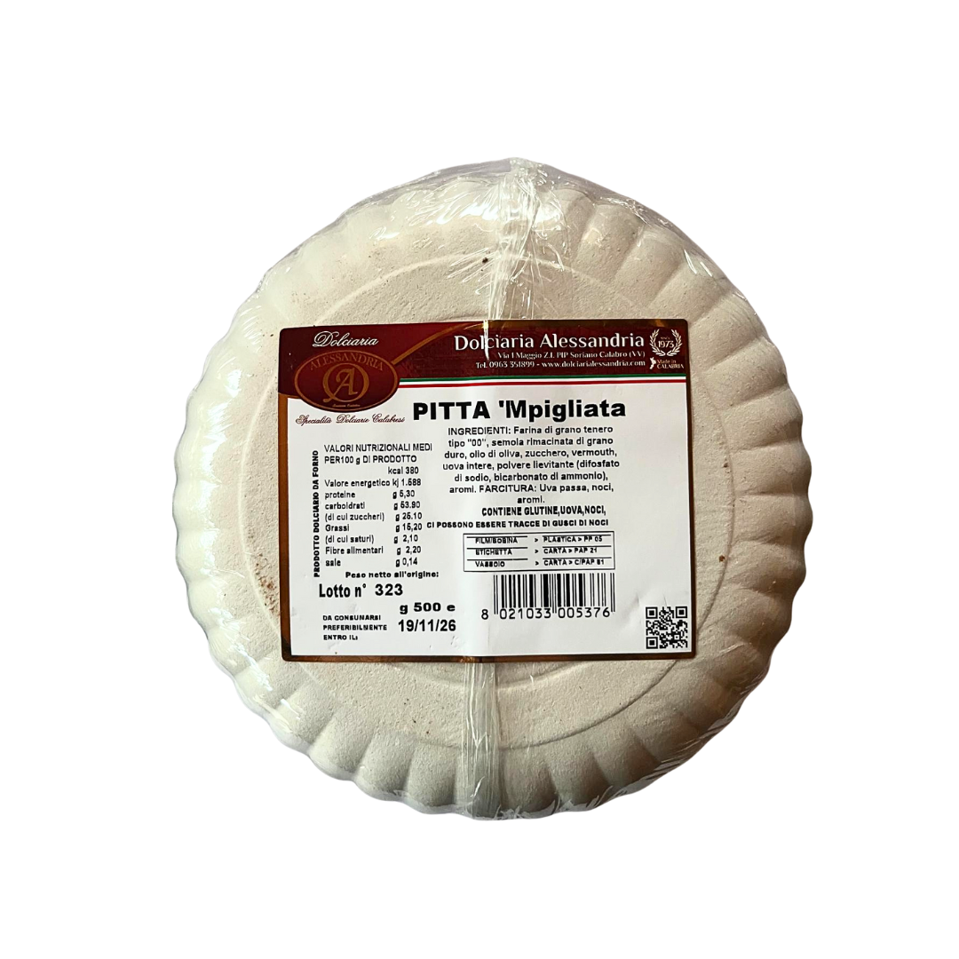 PITTA 'MPIGLIATA CALABRESE CON UVA PASSA E NOCI (500G)